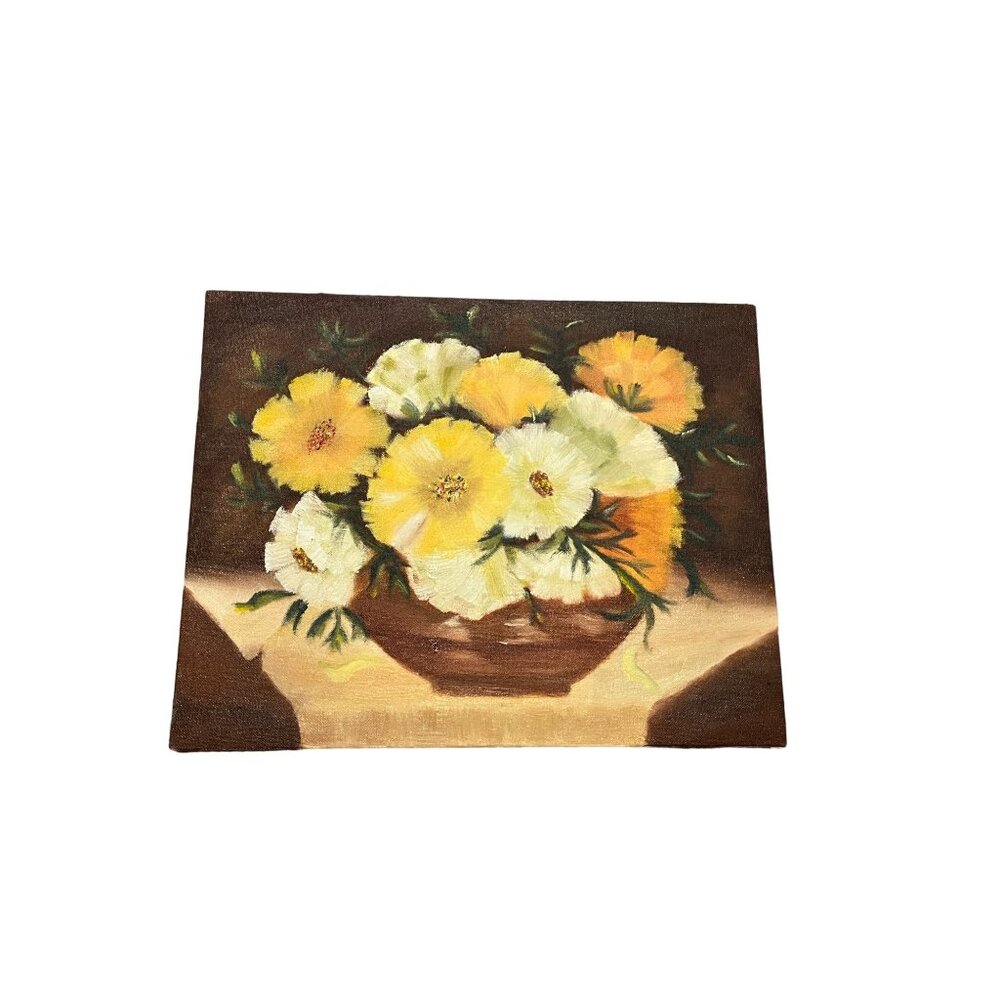 Vintage MCM Floral Flower Yellow Painting 14" x 11" UNFRAMED